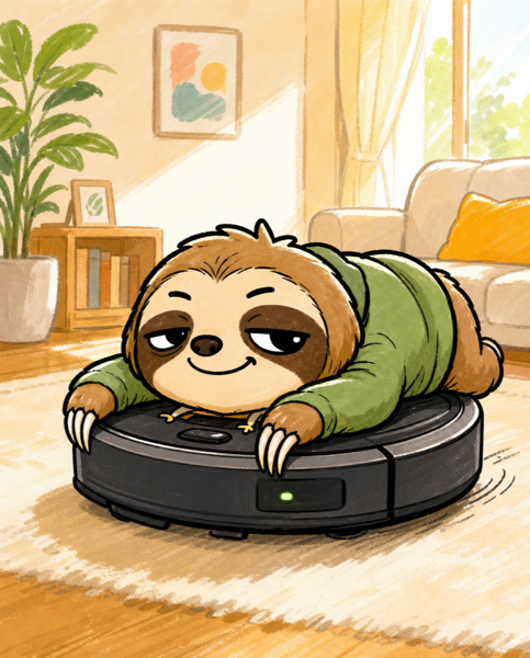 お掃除ロボットに乗って移動するナマケモノ