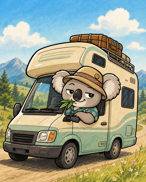 キャンピングカーで旅をするコアラ