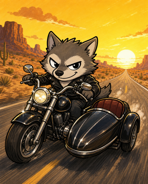 サイドカー付きのバイクで爆走するオオカミ