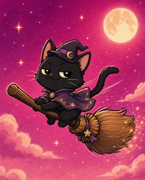 魔法の空飛ぶほうきにまたがる黒猫