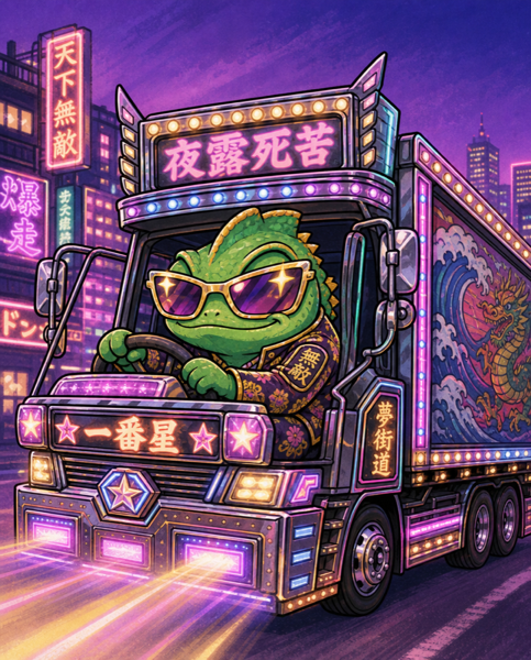 ネオンが光るデコトラを運転するカメレオン