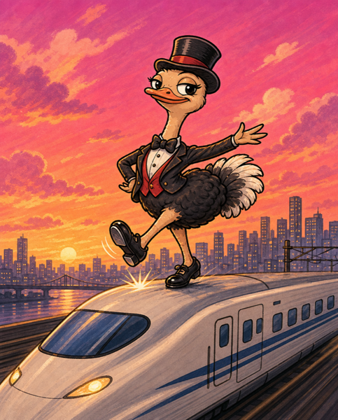 新幹線の屋根の上で華麗にタップダンスを踊るダチョウ