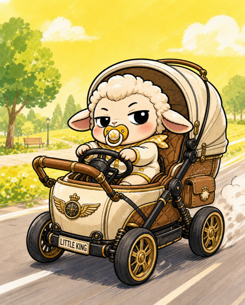 ベビーカーを自分で運転する赤ちゃんヒツジ