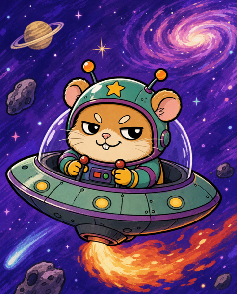 火を吹くUFOに乗った宇宙人風のハムスター