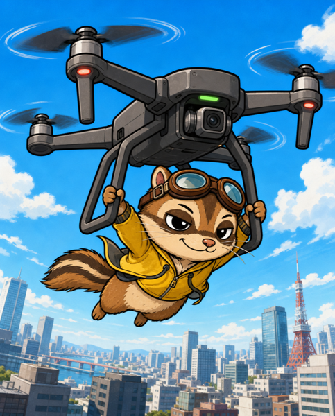 ドローンにしがみついて空中散歩するシマリス