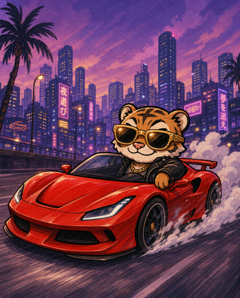 真っ赤なスポーツカーをふかすベンガルトラ