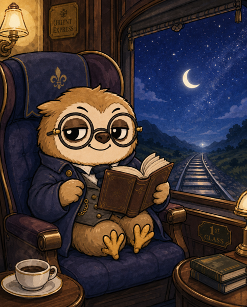 夜行列車で旅をする読書好きのフクロウ