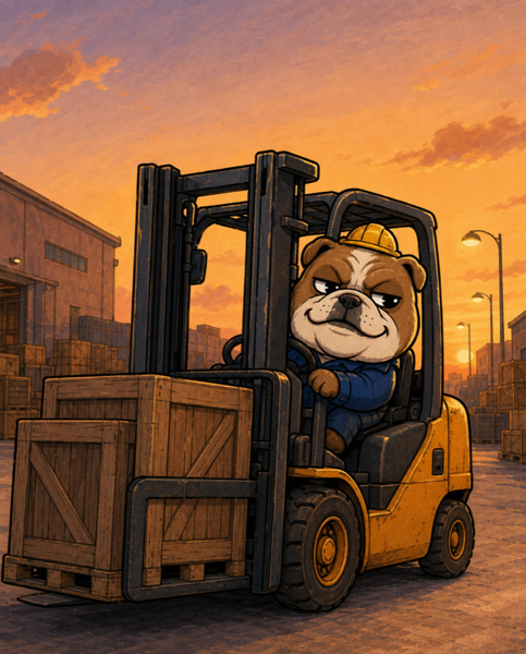 フォークリフトで荷物を運ぶブルドッグ