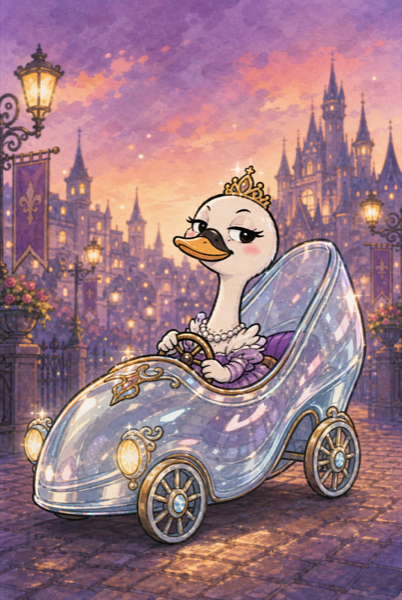 ガラスの靴型クラシックカーに乗る白鳥