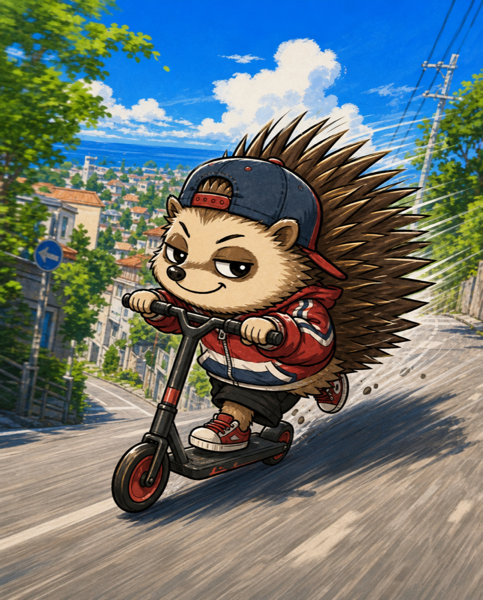 キックスケーターで坂を下るハリネズミ