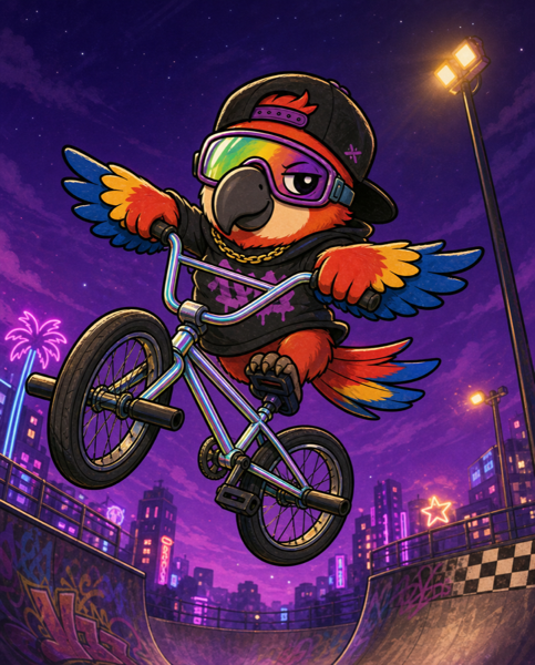 ピカピカのBMXでトリックを決めるオウム