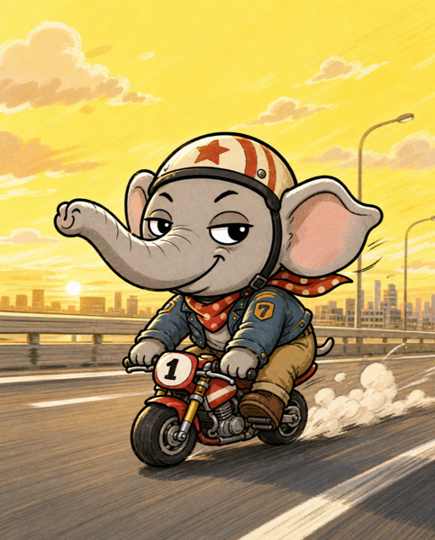 極小のポケットバイクにまたがって爆走するゾウ