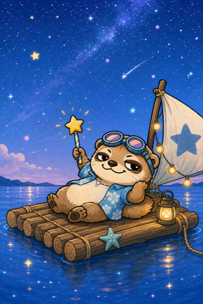イカダに乗って星空を眺めるカワウソ